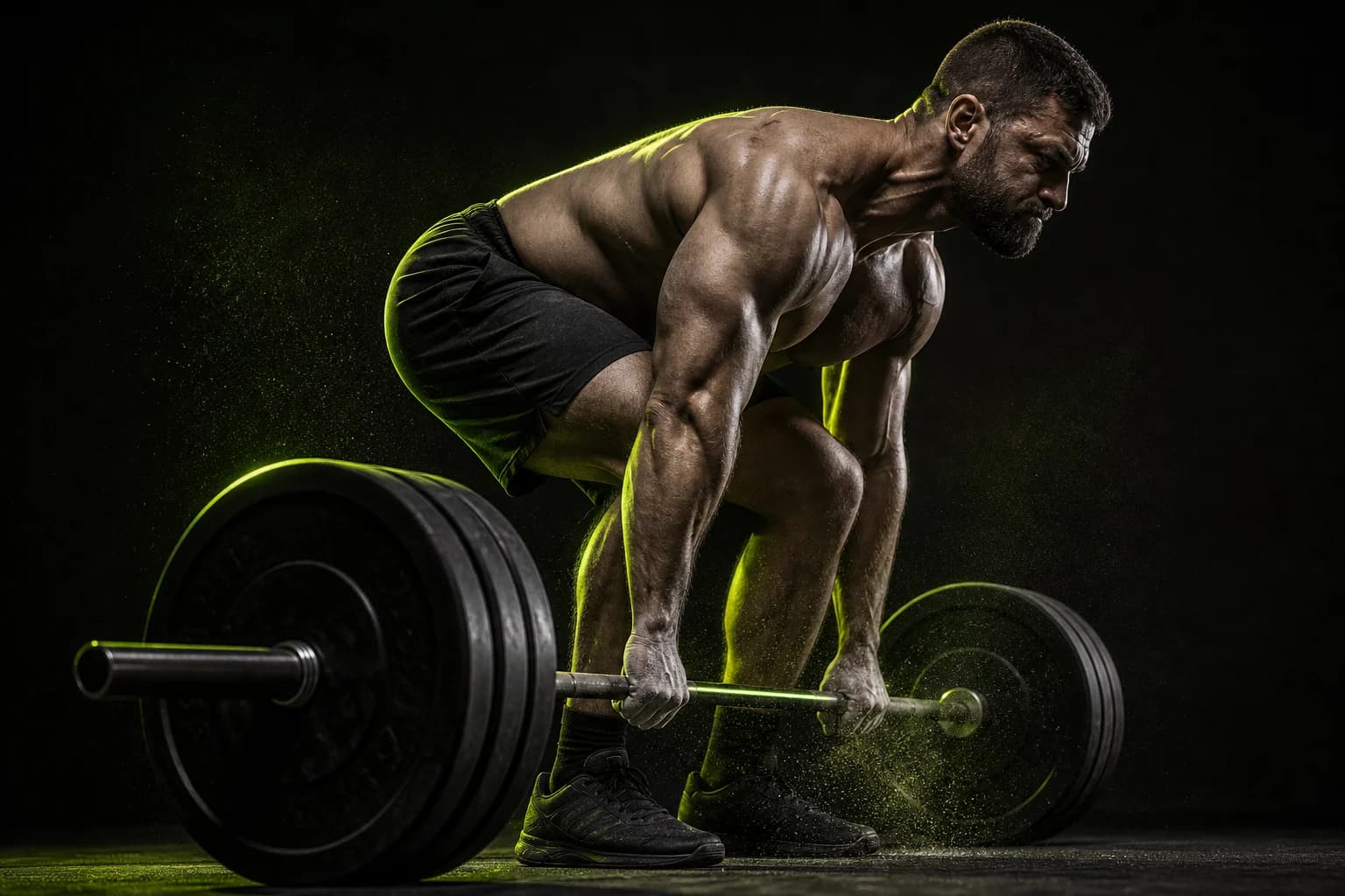 Athlete mid-lift in a dark training studio