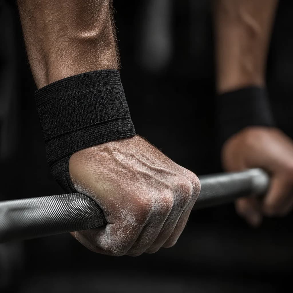 Chalked hands and wraps gripping a knurled barbell