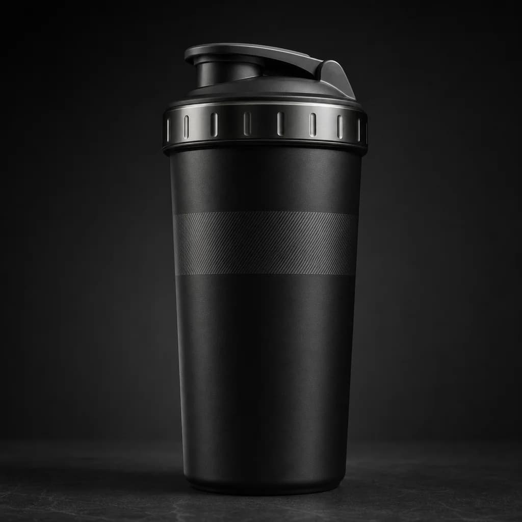 Matte black shaker bottle with gunmetal detailing on a dark ground