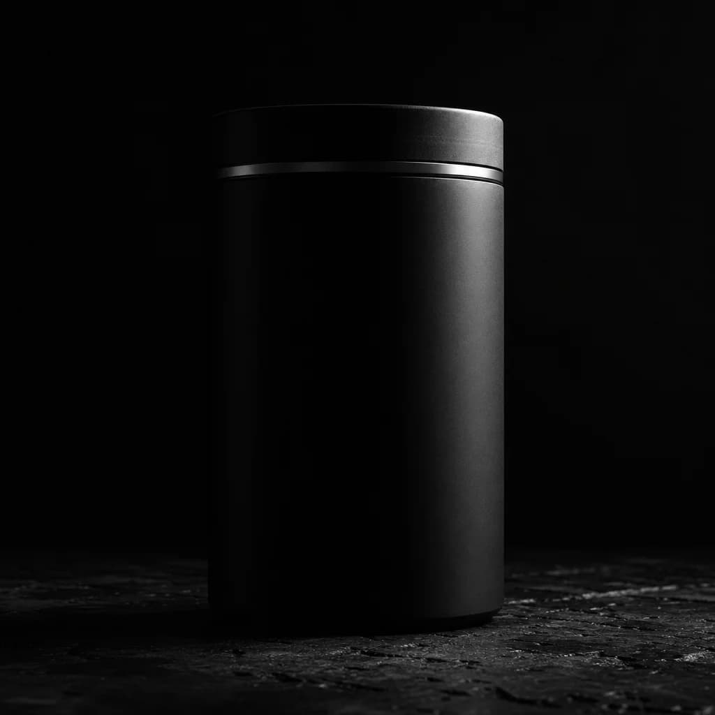 Unrevealed matte black supplement container in deep shadow