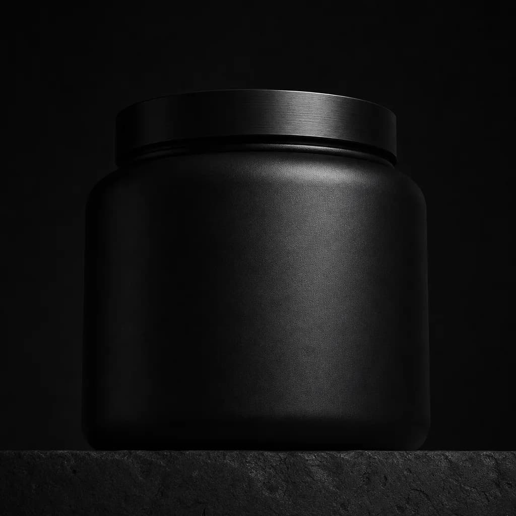 Unrevealed matte black supplement container lit from one side